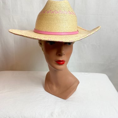VTG woven straw cowboy hat~Girl’s or Women’s smaller size /pink weave detail~girly Cow girl western country rockabilly summer hat cowgirl 