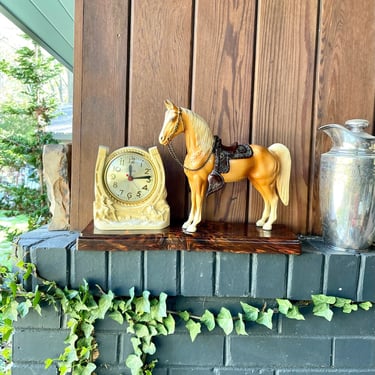 Vintage Horse Figure Clock on Marble Plastic Base 