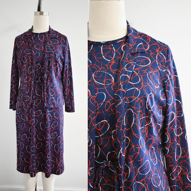 1970s Navy, Red, and White Ring Print Dress and Jacket Set 