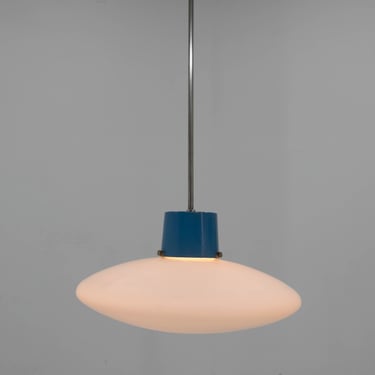 Midcentury UFO Pendant, 1950's / Vintage Pendant Light / Milk Glass & Metal 