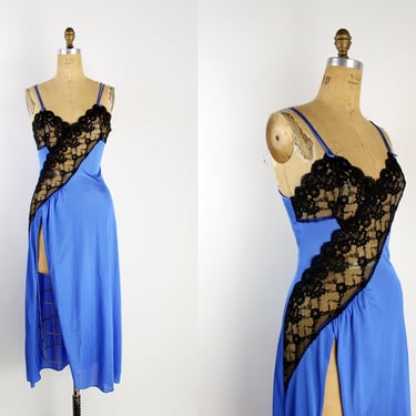 70s Frederick's of Hollywood Blue and Black Lace Slip / Midi Slip / Size S/M 