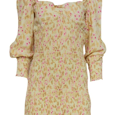 Faithfull the Brand - Light Yellow & Pink Floral Print Smocked Ruffle Dress Sz 4