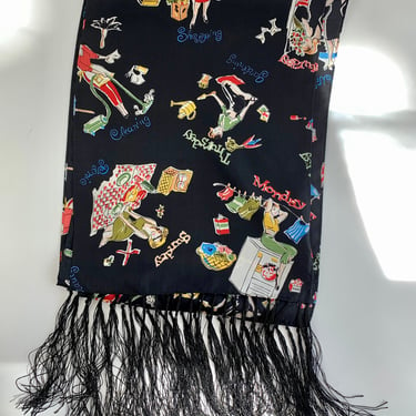 1980's NICK & NORA'S Scarf - Novelty Print - All SILK - Black Silk with a Colorful 1950's Style Print - Fringe Details 