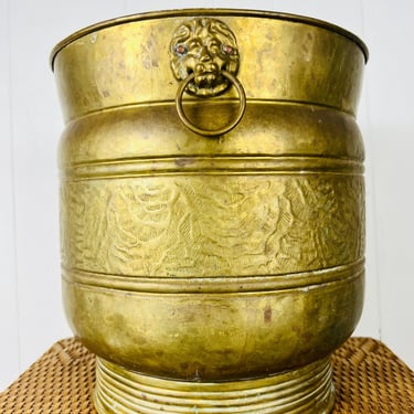 Huge Vintage English Brass Planter, handmade drum shape, with Lion head handles, Craftsman, for, Mid Century, Hollywood Regency decor, gift 