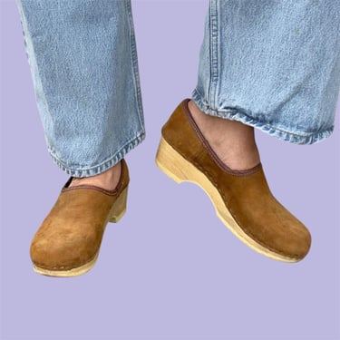 Vintage Sven Swedish Clogs Retro 1970s Womens Footwear + Size 40 + Suede + Leather + Wood Heel + Slip On + Bohemian Style + Shoes 