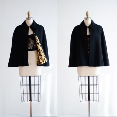black wool cape 50s 60s vintage leopard print faux fur lined short cape 