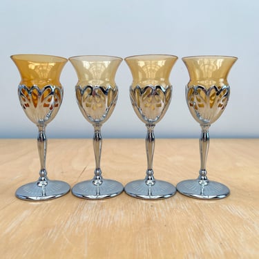 Farber Brothers KROME-KRAFT Amber Crystal Cordial Glasses with Chrome Stem, Set of 4 Vintage 1930s Art Deco Sherry Glasses 
