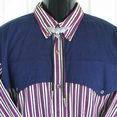 Gordon & James Vintage Retro Western Men's Cowboy Shirt, Burgundy and White Striped with Navy Cape, Tag Size Large (see meas. photo) 