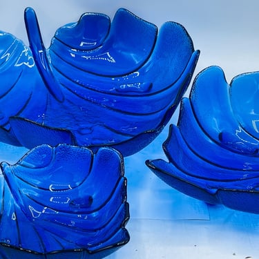 Set of (3) Vintage Cobalt Blue Leaf Shaped footed Serving  Bowls - Chip Free 