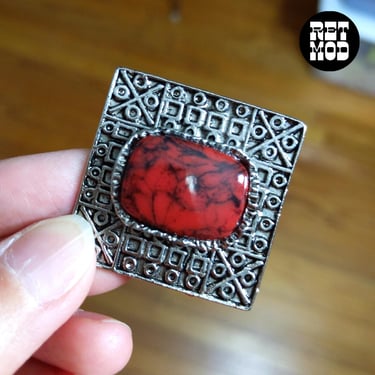 Unique Vintage Modernist Silver Square Brooch with Marbled Red Stone Center 