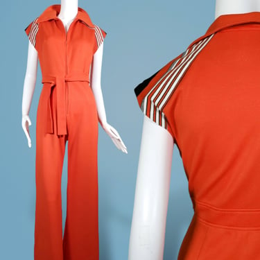 1970s vintage poly jumpsuit one piece textured cap sleeves zip-up butterfly collar belted stripes summer disco roller girl (28 waist) 