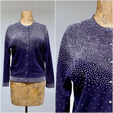 Vintage 1950s Navy Lambswool Beaded Cardigan, Mid-Century Rockabilly Sweater, Made in Hong Kong, Medium 38" Bust 