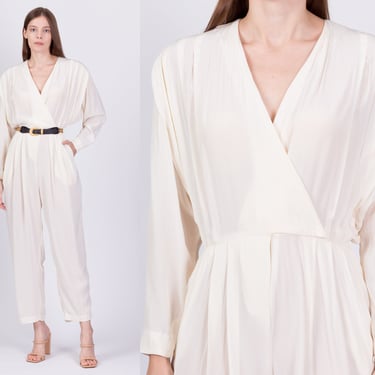 80s Ivory Dolman Sleeve Wrap Jumpsuit - Medium | Vintage Liz Claiborne V Neck Sheer Pleated Pantsuit 