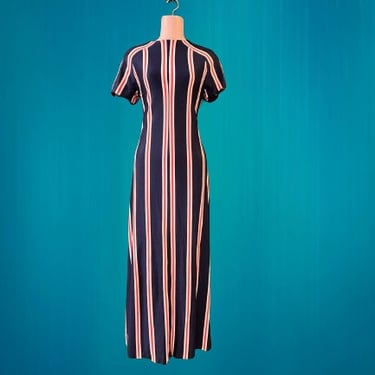 1960s striped maxi dress vintage slinky navy red and white stripe gown small 