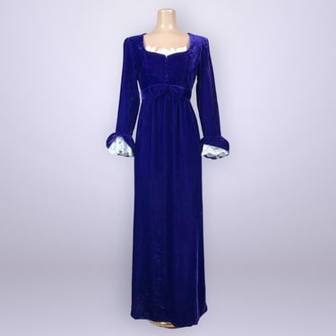 VINTAGE 60s Royal Purple Velvet Maxi Dress by Lorrie Deb | 1960s Lace Bell Sleeves Empire Waist Gown | VFG 