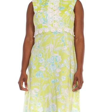 1960S Lilly Pulitzer Light Green  Blue Cotton Sleeveless Floral Dress With Lace Trim 