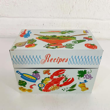 Vintage Metal Recipe Box White Pink Green Yellow 1950s Ohio Art Co. Tin Made in USA Mid Century Lobster Pie Recipes 