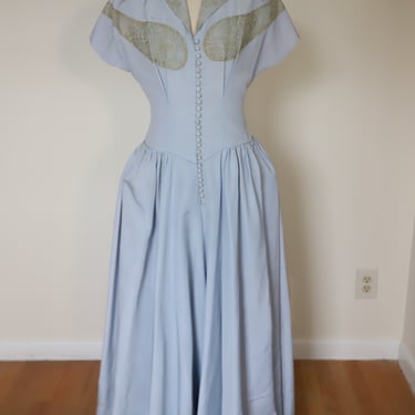 Late 1940s Early 1950s Princess Waisted Dress with Lace Detail and Panniers