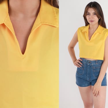 Yellow Crop Top Retro Shirt V Neck Collared Top 70s Tank Top Sleeveless Shirt Tee Plain Vintage 1970s Cropped Shirt Medium 