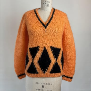 Vintage 60s Fuzzy Mohair Orange and Black V Neck Sweater Hand Knit Italy/ 1960s Halloween Sweater 