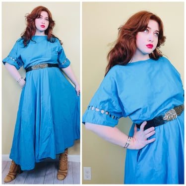 1980s Vintage 100% Cotton Turquoise Dress / 80s Fit and Flare Cut Out Sleeve Maxi Dress / Size Large - XL 
