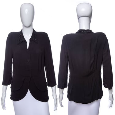 1940's Astor Black Crepe and Sequin Detail Suit Jacket Size M