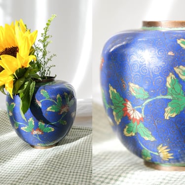 Vintage 1940s Chinese Blue Cloisonne Distressed Vase | Signed China Hand Painted Vase | Collectible Home Decor | Vintage Metal Vase 