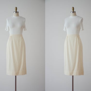 cream wool skirt | 80s 90s vintage light dark academia ivory white knee length wool pencil skirt 