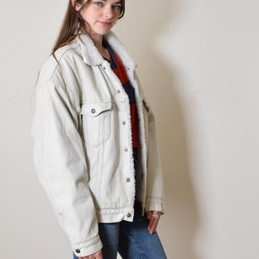 Vintage 1980s Light Wash Cotton Denim LEVIS Made in U.S.A. SHERPA Shearling Jean Jacket Work Wear Coat 