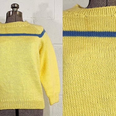 Vintage Sweater Yellow Blue Long Sleeve Knit Sunshine Nautical Mod Jumper Stripe 1970s 70s Small Medium 