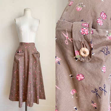 Vintage 1940s-50s Quilter Scissor Novelty Print Skirt / XXS 
