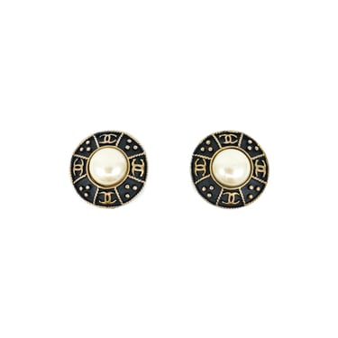 Chanel Patinated Bronze and Pearl Logo Medallion Earrings
