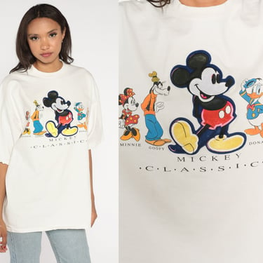 Mickey Classic Shirt 90s Disney T-shirt Mickey Mouse Patch Donald Pluto Goofy Graphic Tee Disneyland TShirt White Vintage 1990s Large L 