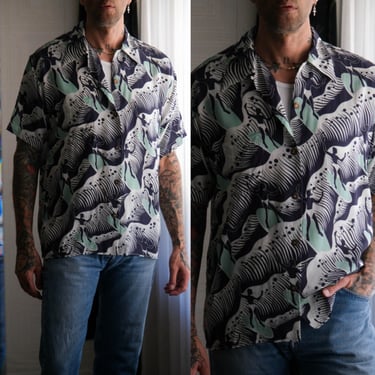 Vintage Avanti Original 50s Style Navy & Mint Atomic Age Surfer Print Silk Loop Collar Shirt | 100% Silk | Y2K 1950s Designer Hawaiian Shirt 