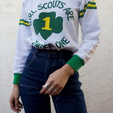 Vintage 70’s Girl Scout Graphic Fleece Pullover Sweatshirt Sweater 