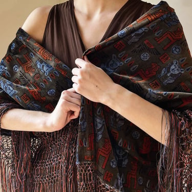 20s Egyptian Revical Printed Velvet Fringe Shawl