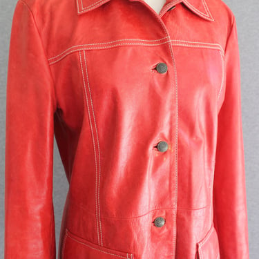 Red Leather Jacket - Women's - by Armani Jeans - Marked size 8 