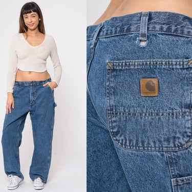 90s Carhartt Jeans Hammer Loop Workwear Cargo Jeans Vintage High Waisted Straight Leg Utility Jeans Denim Blue Work Wear Large 36 x 30 