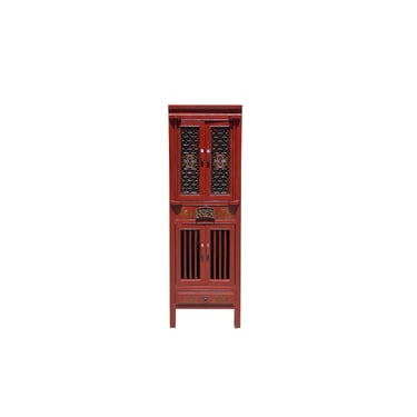 Distressed Brick Red Slim Wood Carving Shutter Doors Storage Cabinet ws4060E 