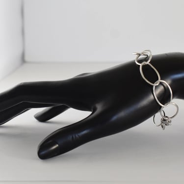 70's mod minimalist sterling oval wire bracelet, handcrafted 925 silver thin wavy rolo links bracelet 