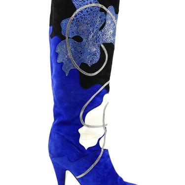 Applique Blue Suede Heeled Boots