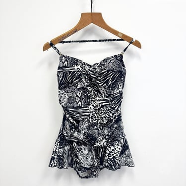 Vintage Bathing Suit | 80s Ruffled Animal Print Swimming Suit |  Shore Shapes One Piece Size 12 