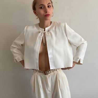 90s open front blouse / vintage white crepe open front cropped pussy bow neck tie blouse | Medium 