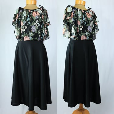 Vintage 70s Black Multicolor Floral Draped Bodice Boho Disco Midi Dress with Flutter Sleeves 
