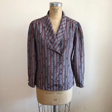 Grey and Pink Geometric Print Blouse - 1980s 