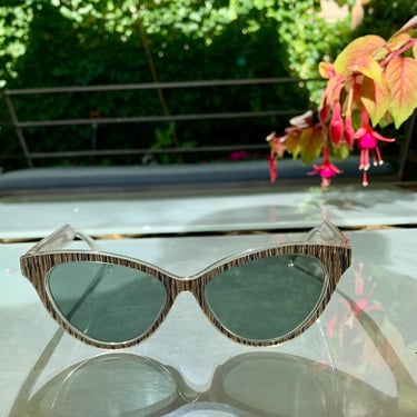 1950'S Cat Eye Sunglasses - Shiny Gold with Black Lines - Plastic Frame -  Original Smokey Green Glass Lenses 
