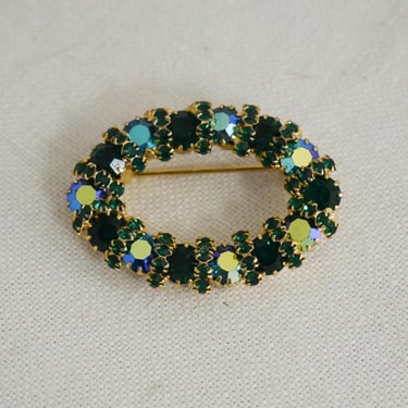 1960s AB Green Rhinestone Oval Brooch 