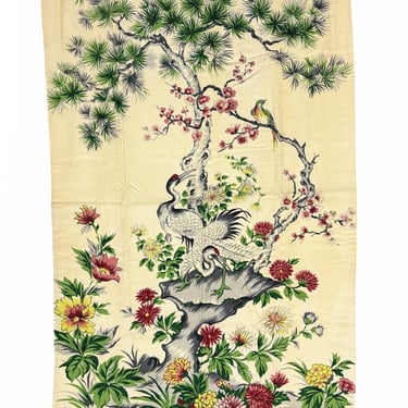 One of a Kind Mid Century Silk Curtain Panel with Cranes, Pine, and Chrysanthemums 