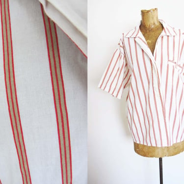 Vintage 90s Red Tan Striped Cotton Button Up Shirt M L  - 1990s Short Sleep Camp Top 