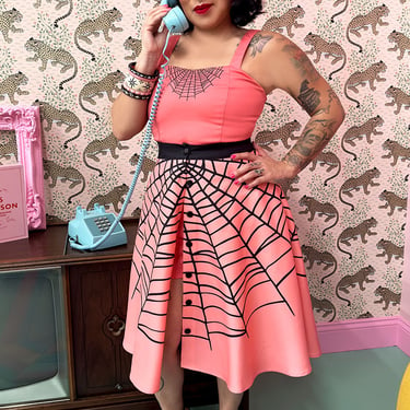 Glamour Ghoul Spiderweb Skirt in Coral Pink by The Oblong Box Shop
